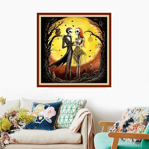 Image of Foxdiviy Stamped Cross Stitch Kits Full Range of Embroidery Needlework Starter Kits for Beginners Adults 11CT Embroidery Patterns Art Crafts DIY Needlepoint Kits-Skeleton Couple 18x18 inch