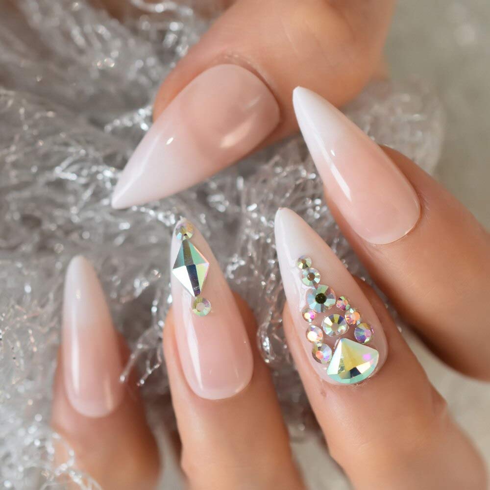 Amazon.com: EchiQ Ombre Stiletto Nails Pink White Gradient Fake Nails  Luxury 3D Diamond Rhinestone Inlaid Steeple Long False Nail : Everything  Else