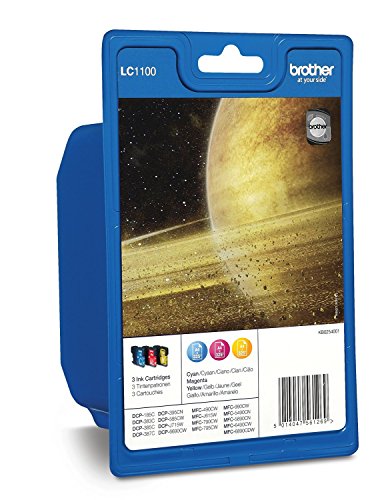 BROTHER LC 1100C/LC 1100M/LC 1100Y Cartuchos de inyección de tinta, cian/magenta/amarillo, paquete múltiple, rendimiento estándar, incluye 3 cartuchos de inyección de tinta, suministros originales