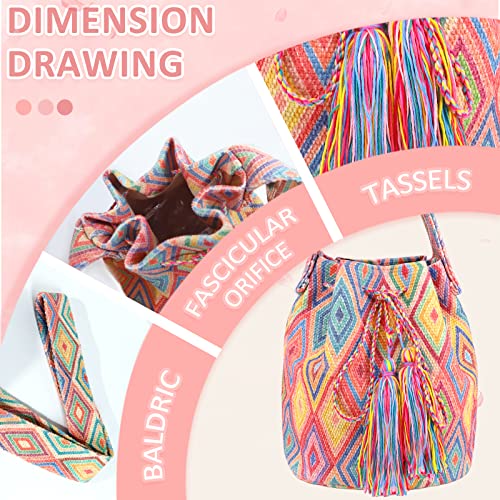 Canvas Crossbody Bags for Women, Tassels Drawstring Bucket Bag, Bohemian Handbag, Colorful plaid Tote Bag Large Capacity Travel Shoulder Bag3