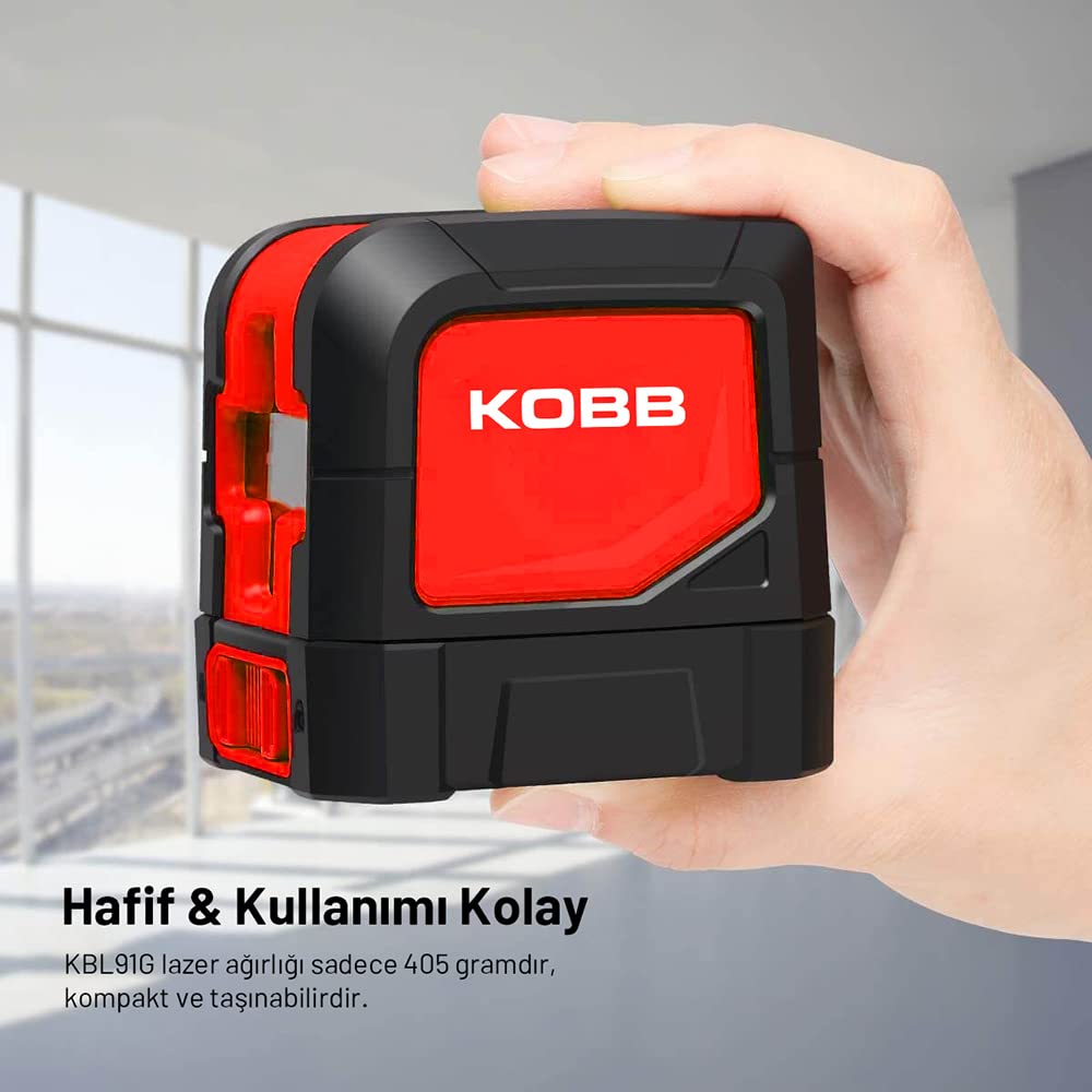 KOBB KBL91G 30 Metre Profesyonel Yatay ve Dikey Otomatik Hizalamalı Yeşil Çapraz Çizgi Lazer Distomat, Kırmızı/Siyah