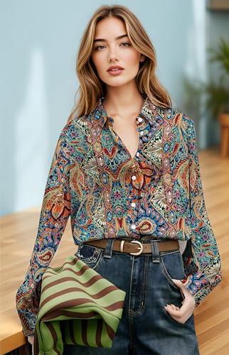Image of Premium Soft Breathable Stretch Satin Silk Button Down Shirts for Women Long Sleeve Leopard Blouses Work Dress Tops