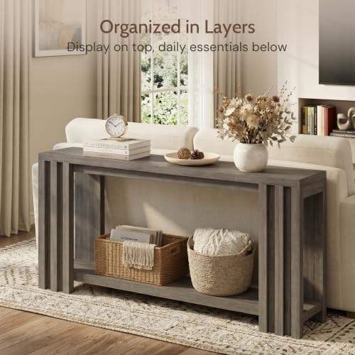 Image of 70.9 Rustic Grey Slim Farmhouse Console Sofa Table Behind Couch Entryway