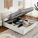Lift Up Storage Bed Queen with Hydraulic Storage System, Queen Size Upholstered Bed Frame with Soft Headboard, Chenille Cloud Bed Frame Wood Slats Support, No Box Spring Needed, Beige