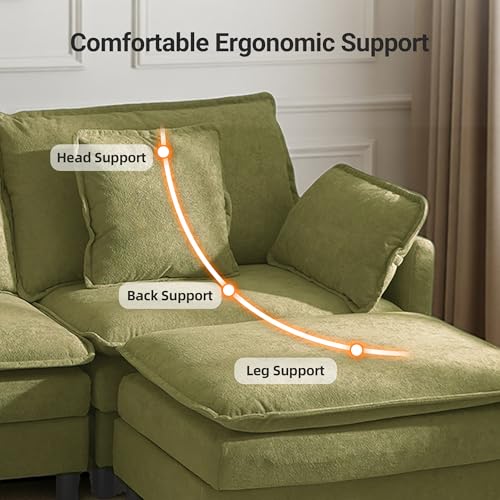 Image of Claiks 110 inch Modular Sectional Sofa, Cloud Couch with Ottoman, U-Shaped 5-Seater Sofa in Chenille Fabric, Deep Seat Comfy Couch with Pillows for Living Room & Offices, Green