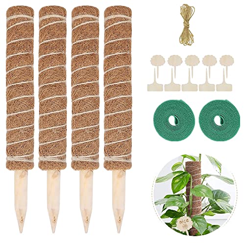 4 Stück 40cm Moosstab Pflanzstab Monstera Rankhilfe mit 10 Pflanzschilder 2 Rollen Klett Kabelbinder und 2 m Jute Schnur für Pflanzenname Pflanzzeit Haus Garten Pflanzenunterstützung