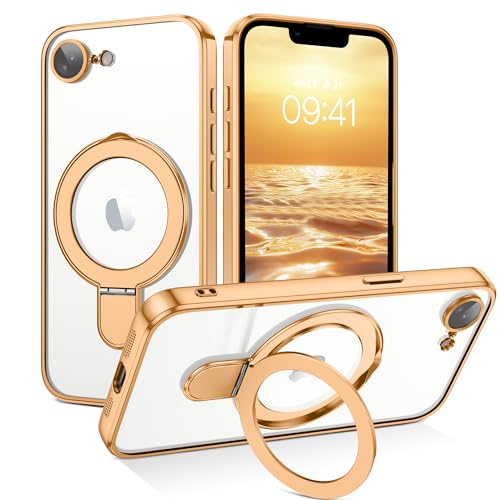 Image of GUAGUA for iPhone 16e Case with Stand, Magnetic Clear iPhone 16e Cases Plating Edge Invisible Ring Holder Slim Shockproof Protective Kickstand Phone Cover for Phone 16e 6.1 inch, Gold
