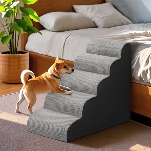 Hundetreppe für Bett, 72 cm hoch, 5-stufige Hunderampe, rutschfest, stabile Haustiertreppe für kleine Hunde und Katzen, um auf Hochbett oder Couch zu steigen, Grau