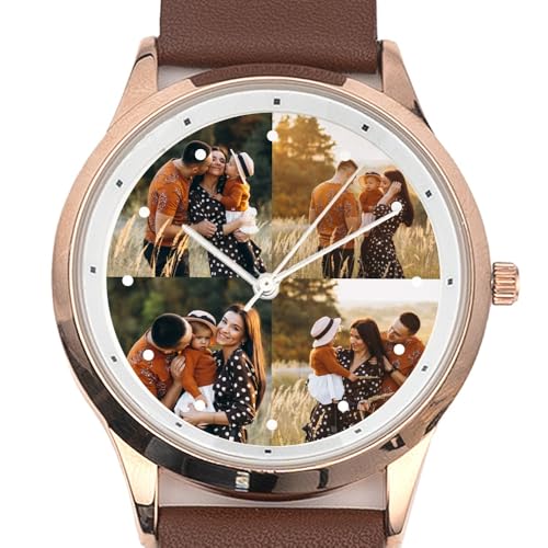 Imagen de Wanapix Reloj Hombre Personalizado Reloj Polipiel Pulsera con Foto Sumergible 3ATM Correa Marrón Ajustable Esfera Dorada 40ø mm Relojes Analógicos Foto Esfera
