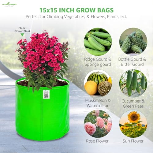 Image of Anandi Green's Premium HDPE Uv Protected 260 GSM Round Shaped Green Colour Grow Bags Suitable for Terrace and Vegetable Gardening 15x15 Inch Pack of 3 Plant Bags
