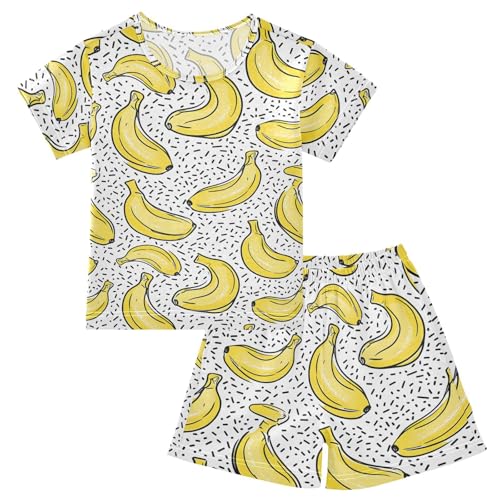 Yellow Banana Pattern Pajama Set, Short Sleeve Cotton Sleepwear Nightwear