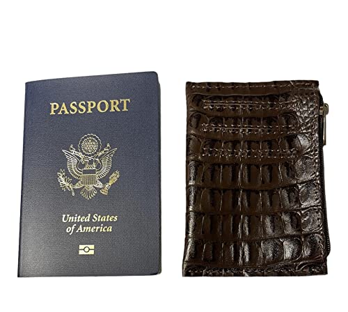 Real Leather Zipper Credit Card Holder - Handmade 100% Genuine Cow Leather Business Card Case Coin Purse Pocket Embossed Reptile Pattern - Caiman Brown3