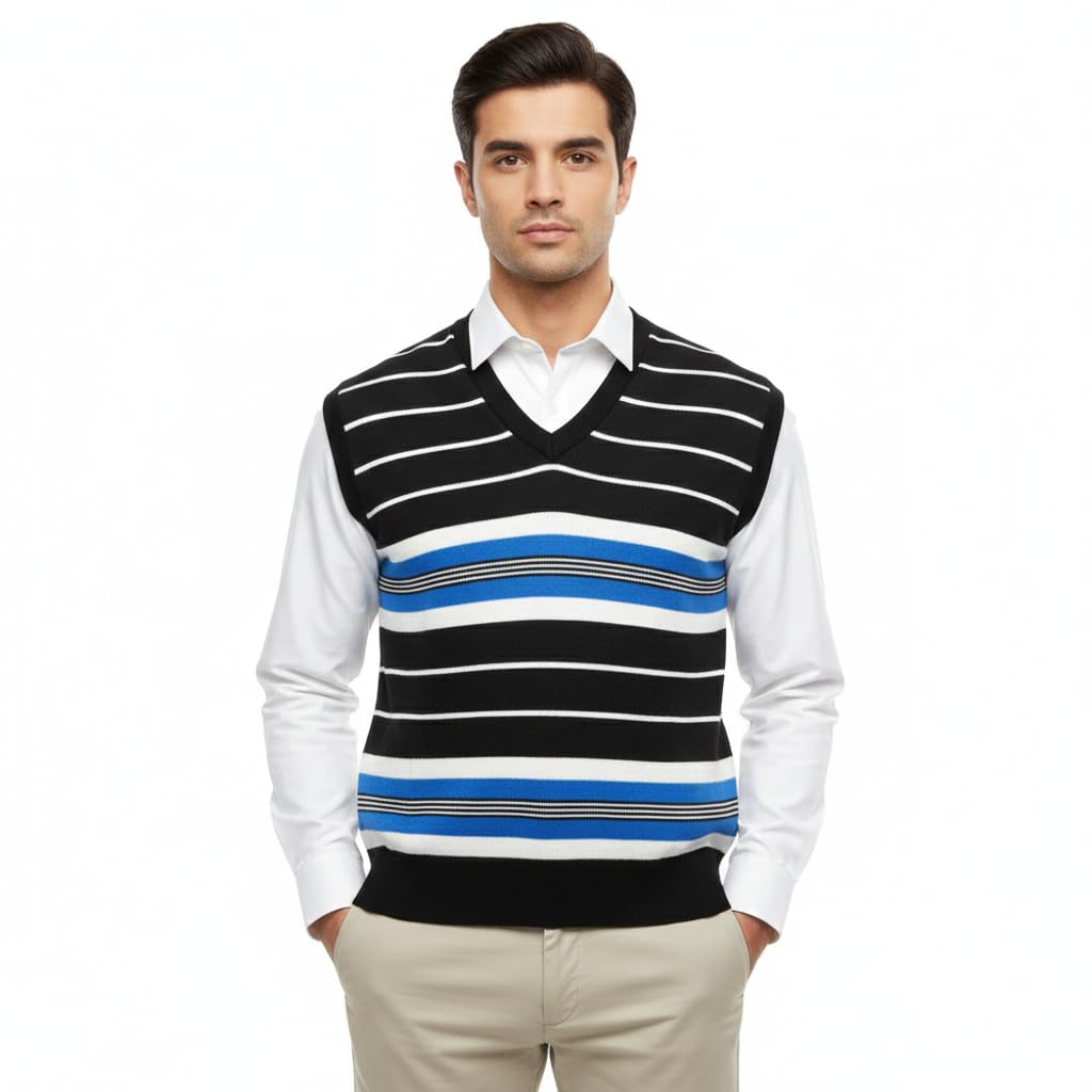 Men’s V-Neck Sleeveless Striped Sweater Vest | Soft Knitted Wool Blend Winter Wear | Lightweight Regular Fit Pullover for Office & Casual Layering-picture-16