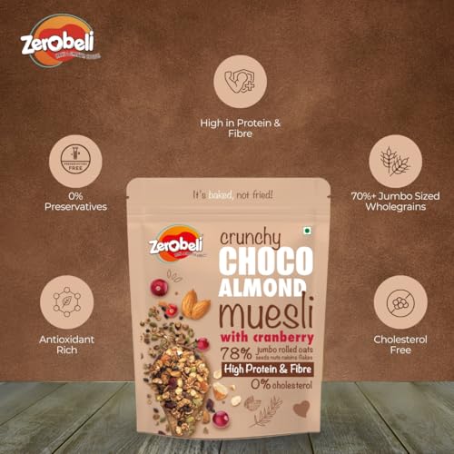 Image of Zerobeli Dark Chocolate Almond Muesli 425g (Pack of 3) Cereals for breakfast rich in Multigrain, protein, fibre Almonds, Pumpkin Seeds and Cranberry|100% Wholegrain | Rich in Antioxidants