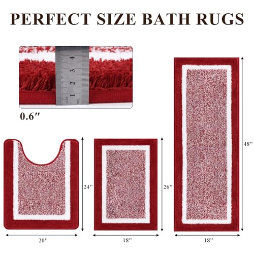 Pauwer 3 Piece Bath Mat Set, Non Slip Plush Bathroom Mats, Absorbent Shaggy Bathroom Rug Set with U-Shaped Contour Toilet Mat for Bedroom Living Room, Red