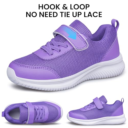 Girls Tennis Shoes Kids Sneakers Lightweight Sports Strap Athletic Shoes for Running Walking Purple Big Kid Size 22
