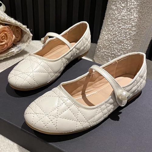 LUXINYU Mary Jane Shoes for Women Fashion Argyle Upper Round Toe Hook and Loop Ankle Strap Ballet Flats Comfortable Work Flats Daily Dress Shoes4