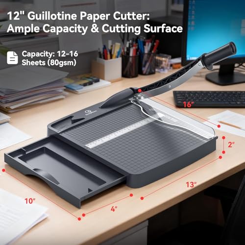 12 Inch Heavy Duty Paper Cutter, 12-16 Sheets Capacity Guillotine Paper Cutter & Paper Trimmer, Paper Cutting Board for Classroom, Crafting, Cardstock (Gray) image 2