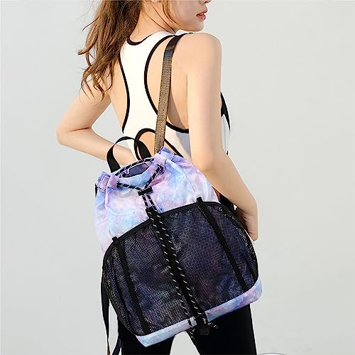 Lohol Lightweight Drawstring Backpack with Mesh Pockets for Women Men, Water Resistant String Bag for Sports Beach Swimming Camp Travel (Galaxy Purple Blue)3