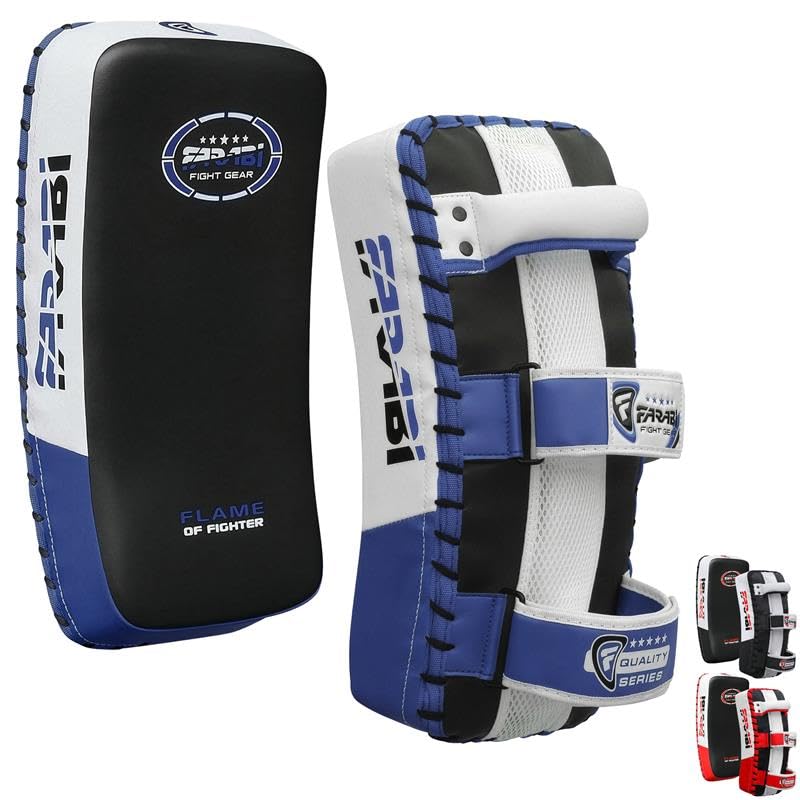 Farabi Sports paos Muay Thai para Coaching, Entrenamiento, Kickboxing Curved Kick Pad, pao Muay Thai Strike Shield MMA Pads (Azul (Par))