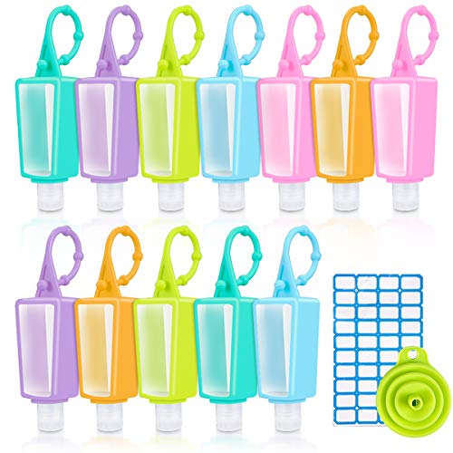 12 Pack Travel Bottle Empty Plastic Clear Bottles Leak Proof with Silicone Sleeve Key Chain Mini Portable Holder, TSA Approved Squeeze Containers for Hand Sanitizer Gel, Soap Liquid (30ml/1 oz)
