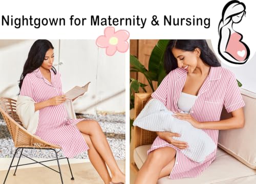 Image of Ekouaer Nightgowns for Women Button Down Sleepshirt Short Sleeve Nightshirt Boyfriend Pajamas V Neck Nightdress S-XXXL