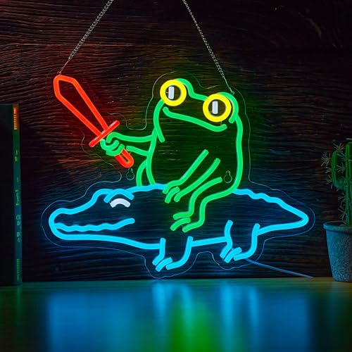 Image of Frog Neon Sign for Wall Decor Cartoon Frog Alligator Knight Crocodile Warrior Anime LED Light for Man Cave Room Home Party Birthday Bar Signs, USB Powered 16.5 X 12.6 inchs