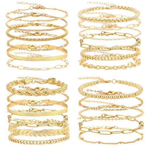 WAINIS 23PCS Gold Chain Bracelet Sets for Women Trendy 14K Gold Plated Dainty Link Paperclip Bracelets Stake Adjustable Layered Metal Link Bracelet Set Fashion Jewelry Adjustable 6.8