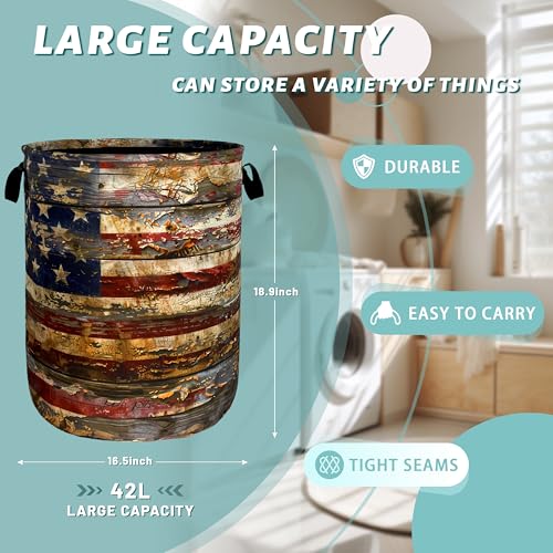 Image of Vintage American Flag Laundry Basket Oxford Cloth Hamper18.9 inch x 16.5 inch