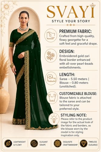 Image of Women's Georgette Embroidery Border Beads work Saree with Blouse Piece