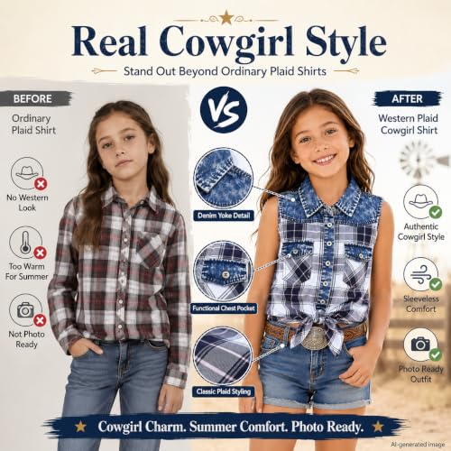 Image of Bienzoe Western Plaid Girls Shirt: Sleeveless Button Down | For girls who love cowgirl style, rodeo days, country concerts, summer comfort, family photos, horse shows, outdoor fun