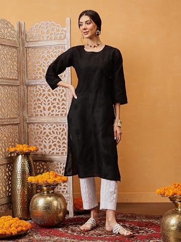 Image of Ada Hand Embroidered Lucknowi Chikankari Straight Cotton Kurta Kurti for Women A215306 Black (M)