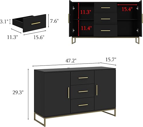 Miniatura 2 de AIEGLE Aparador de bufé con 3 cajones y 2 puertas, gabinete de almacenamiento de bufé de cocina, armario de entrada con patas de metal dorado,