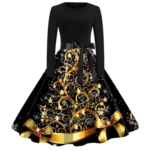 Retro Kleid Weihnachten Damen Swing, Weihnachtskleid Langarm - Weihnachts Rockabilly Kleider mit Lustige Weihnachtsmotiv Christmas A Linien Kleid...