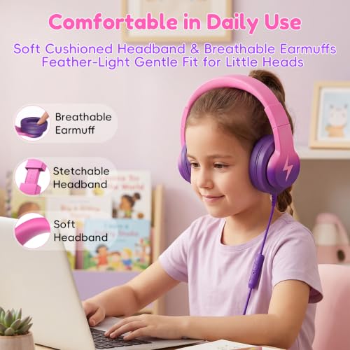 Image of Candy Bila Kids Headphones, Wired Headphones for Kids Over Ear with Microphone, 85 /94dB Volume Headphone for Girls Boys, Foldable Headphone for Learning & Entertainment, Deep Purple and Pink