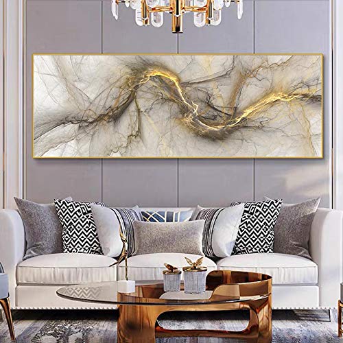 Peinture abstraite nuage gris et or impression sur toile haut de gamme 40x100cm pour salon