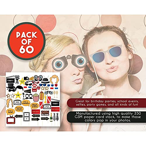 Movie Night Photo-Booth Props – 60-Pack Party Selfie Photo Props Accessories, Birthday Party Supplies On Bamboo Sticks, Assorted Designs #TOP3
