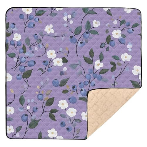 BOESI Doodle Blueberry and White Flower Baby Play Mat, 50“ X 50” Washable Folding Crawling Mat, Baby Floor Mat, Soft, Thick, Non-Slip