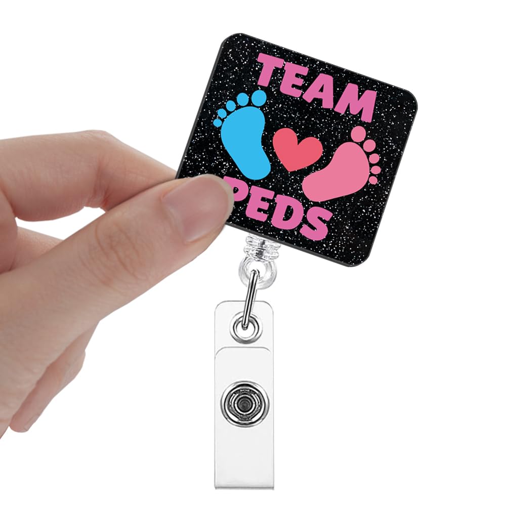 Xipromi Team Peds Badge Reels Retractable Glitter with Clip, Funny Badge Holder for Pediatric Nurse, PICU Nurse Week, Graduation Gift