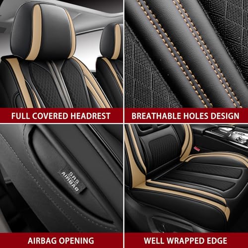 Image of Seat Covers Full Set,Nappa Leather Car Seat Covers for Front and Back,Waterproof Universal Fit Car Seat Cushion,Automotive Seat Protector for Most Sedans SUV Pick-Up Truck Sedans,Black&Beige