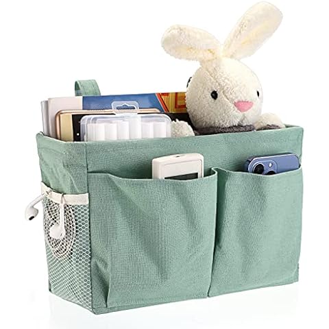 IGNPION Canvas Bedside Hanging Storage Bed Pockets Baskets-Adjustable Hanging Tape Dormitory Bed Organiser Caddy Mulit-purpose Hanging Storage Bag for Home Office School Dorm Hospital, Green Cover
