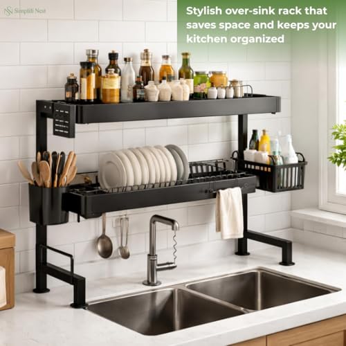 Image of Stainless Steel Over-the-Sink Dish Drying Rack | 2-Tier Space-Saving Bartan Stand | Anti-Rust Utensil Drainer with Cutlery Holder & Tray