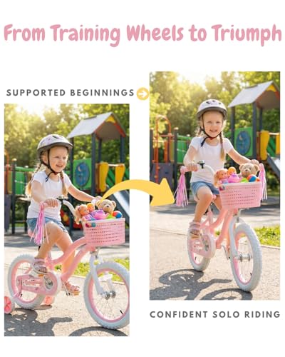 Image of bicystar Girls Bike Ages 2-8, 12-18 Inch with Training Wheels, Pink /Blue | Removable training wheels, basket and streamers, carbon steel frame, adjustable seat & handlebar, coaster or hand brake