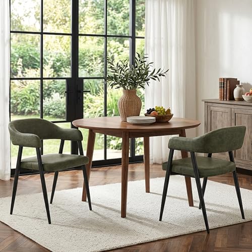 Image of HNY Modern Dining Room Arm Chairs Set of 2, Green Retro Faux Leather Upholstered Barrel Dining Chairs with Arms Mid-Century Accent Chair with Metal Legs, Open-Back Kitchen Side Chairs for Living Room