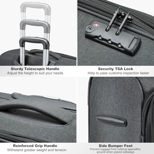 Image of Kono Medium Checked Luggage Softshell Suitcase with Spinner Wheels, 24in | Expandable Lightweight Rolling Travel Suitcase with TSA Lock, Spinner Wheels, Durable Zipper, Black