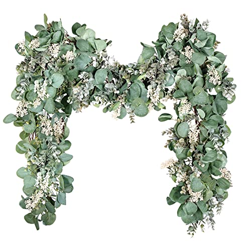 Ouddy Decor 656 Ft Eucalyptus Garland Lush Silver Dollar Eucalyptus Leaves Boxwood with White Buds Artificial Greenery Garland Fake Vines for Baby Shower Wedding Party Table Mantle Home Decorations