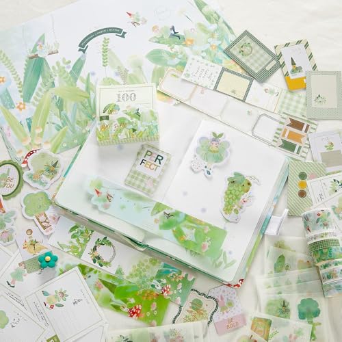 Image of VIBEVISTA Vintage Aesthetic Scrapbook Kit, 346 Pcs, A6 Grid Notebook, Washi , Envelopes, Scrapbook Papers, Folding Labels, Background Papers, Photo Frames, Calendar Stickers, Stickers (Peters Secret Forest)