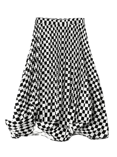 WDIRARA Women's Plus Size Checkered Elastic Waist A Line Flowy Skirt Plaid Flared Midi Skirt Black and White 3XL