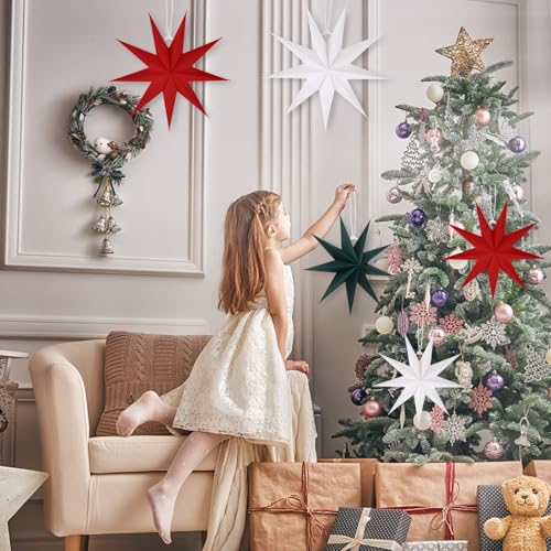 Image of 5 PCS Red Green White Paper Star Lanterns Hanging Stars Christmas Party Decorations Hanging Lampshade Wedding Birthday Home Party Decorations (12 Inch)