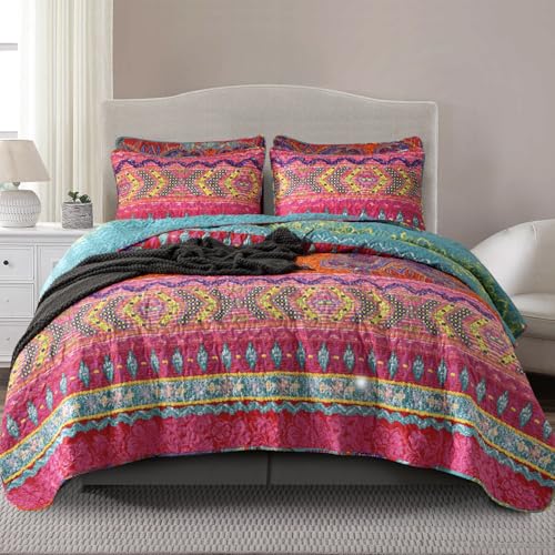 BUPIRD Bohemian Quilt Set Twin 3 Pieces Soft Microfiber Lightweight Colorful Bedspread Quilt Bohemian Bedding Set Exotic Yellow Orange Boho Quilt Set 1 Quilt and 2 Pillow Shams for All Season